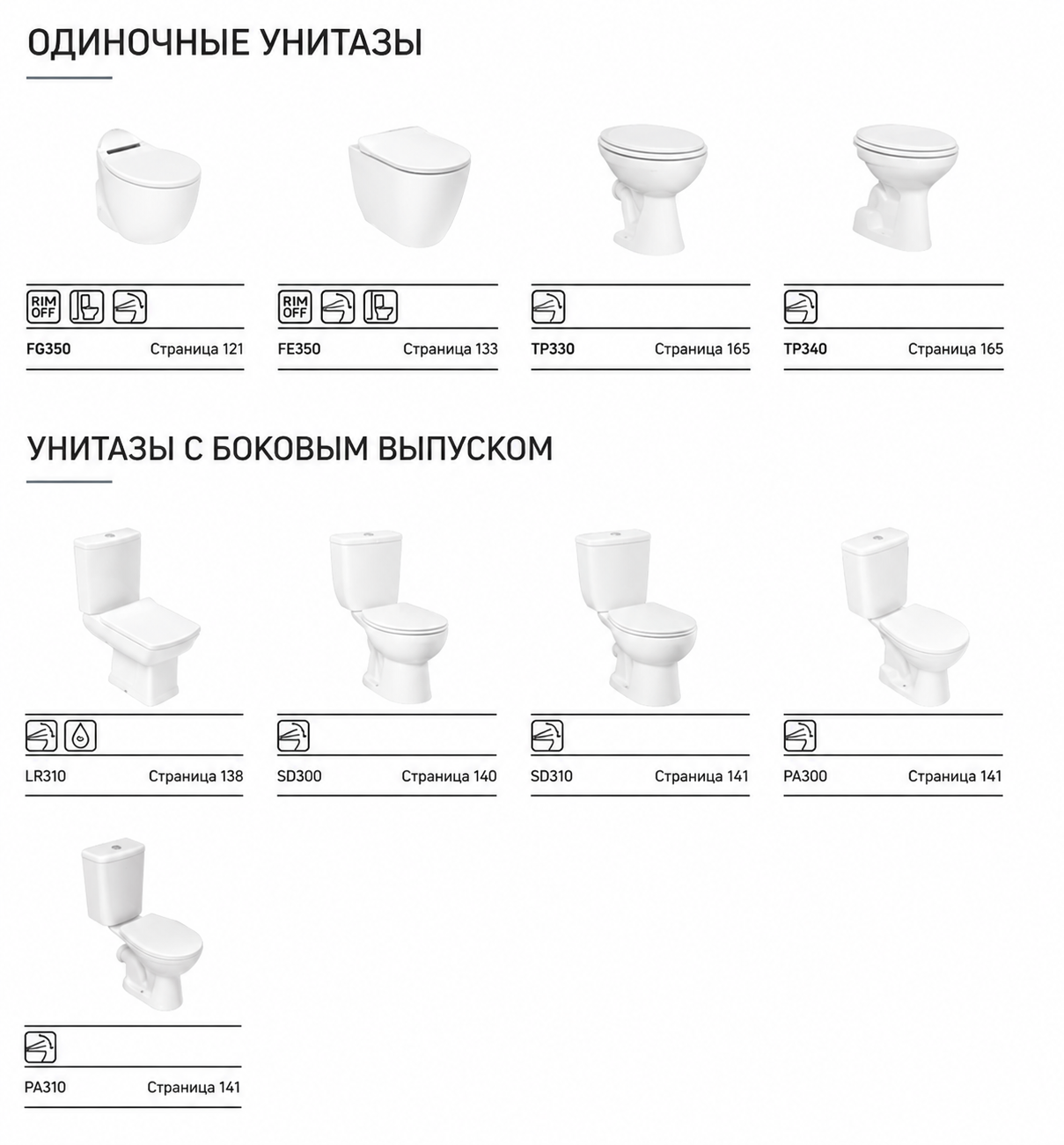 ОДИНОЧНЫЕ УНИТАЗЫ + УНИТАЗЫ С БОКОВЫМ ВЫПУСКОМ — FG350, FE350, TP330/340, LR310, SD300/310, PA300/310